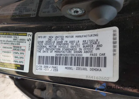 2007 Toyota Corolla Ce from USA, damaged, VIN 1NXBR32E07Z813393